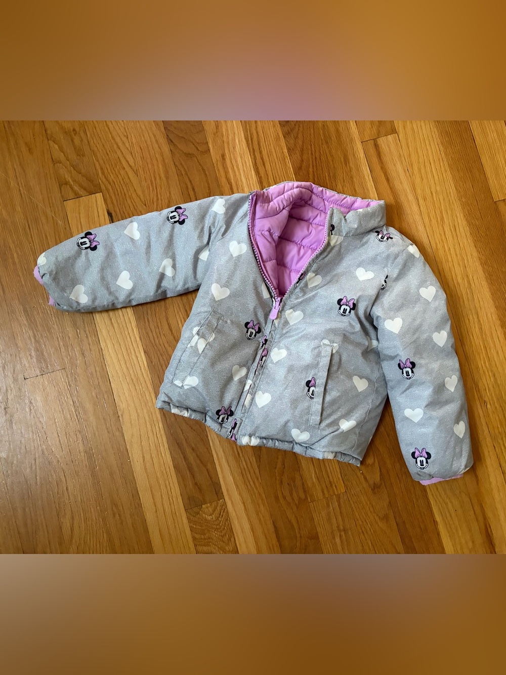 GAP Grey Puffer Jacket with Pink Lining and Minnie Heart Print